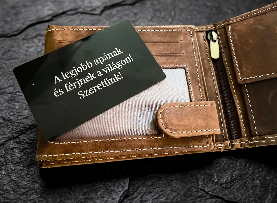 Egyedi, saját üzenettel gravírozott fém üdvözlőkártya